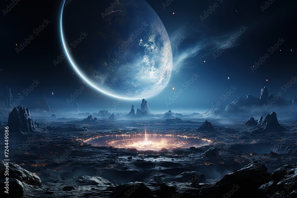Poster Space landscape with a landing module on the surface of the Moon and an incredible view of the Earth, breathtaking sights of a thriving lunar colony, Generative AI