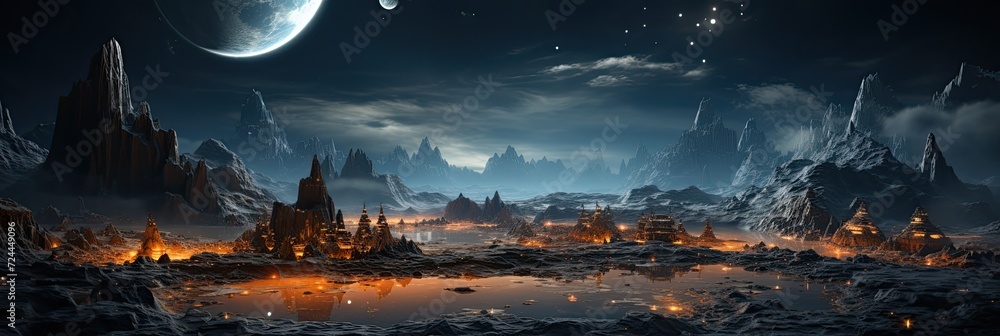 Poster Space landscape with a landing module on the surface of the Moon and an incredible view of the Earth, breathtaking sights of a thriving lunar colony, Generative AI