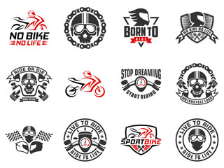 Obraz premium Set of vintage motorcycle and sport bike logo. custom, race, ride, sticker, motor, helmet, ribbon, repair, shirt, speed, wheel, club, engine, badge, print, vehicle, drive, emblem