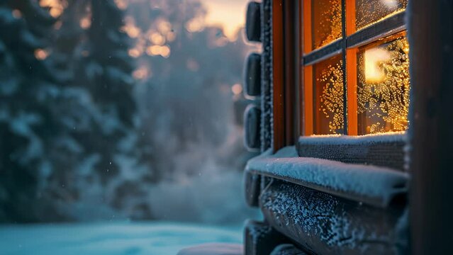 A closeup of a cozy cabin window with snowy scenery framed by the frosted gl and a faint whisper of smoke rising from the chimney.