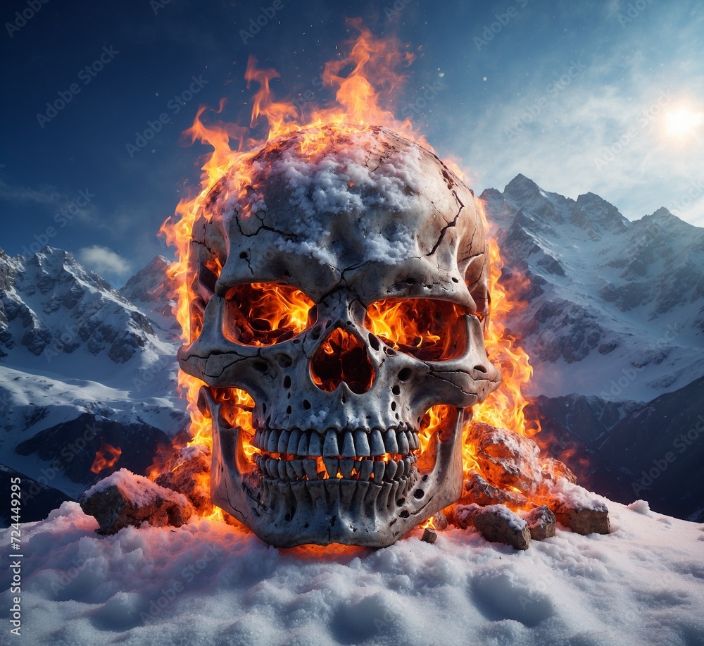 Poster skull in the fire on the background of mountains. 3d rendering