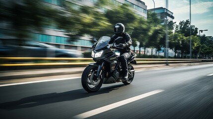 Motorcycle rider in helmet and leather jacket racing on asphalt road with blurred background - obrazy, fototapety, plakaty