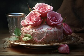 Obraz na płótnie Canvas Vegan cake with natural ingredients, pink cream. Rose decorations, wedding dessert design. Generate Ai