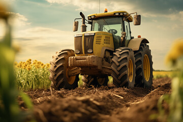 Obraz premium Tractor in a field. Farm. Agriculture. Harvest in a field. Agricultural professions. Peasant world. Harvest period.