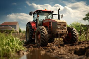 Tractor in a field. Farm. Agriculture. Harvest in a field. Agricultural professions. Peasant world. Harvest period.


