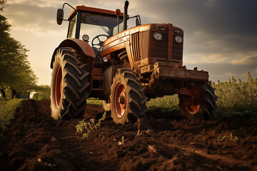 Tractor in a field. Farm. Agriculture. Harvest in a field. Agricultural professions. Peasant world. Harvest period.



