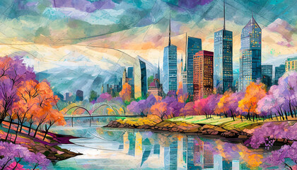 City skyline at the river side flat art illustration