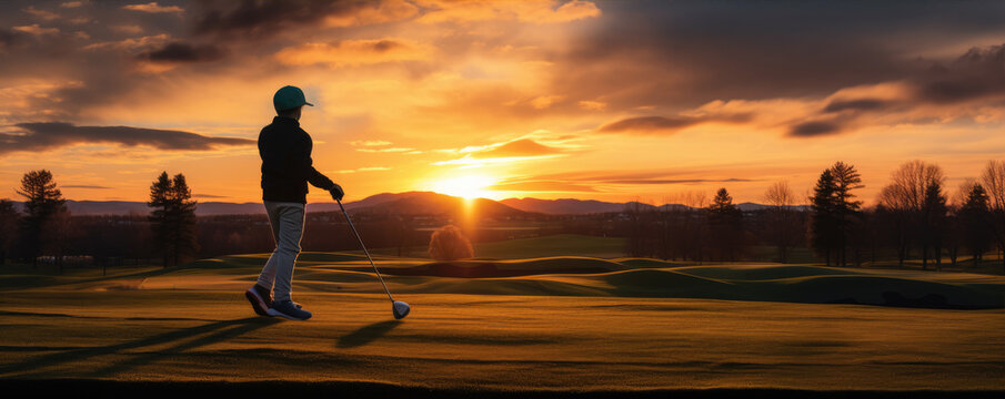Junior kid practicing golf evening golf field.