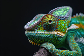 Fototapeta premium Close-up of a chameleon on a black background.