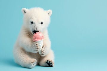 Cute little polar bear with ice cream on blue background with copy space.