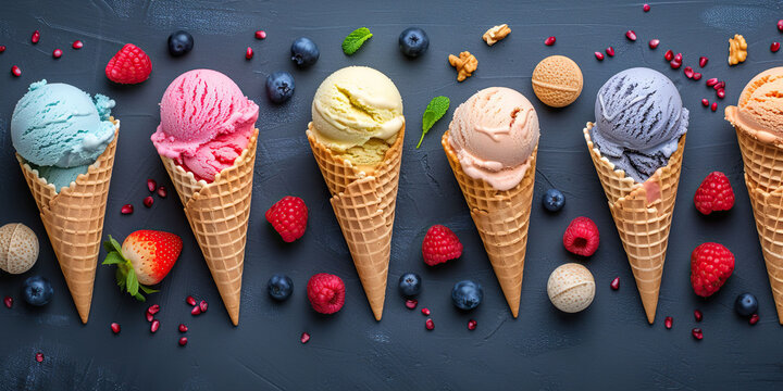 Different flavours of ice cream in cones on dark background, top view.