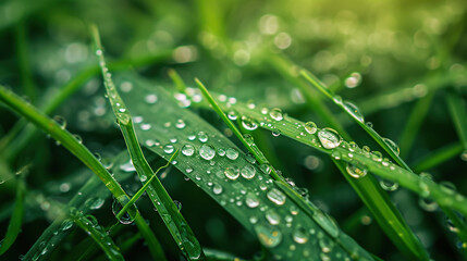 Green grass with dew drops close up.