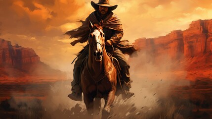 Cowboy on horseback in the countryside with blue sky and mountains in the background - Powered by Adobe