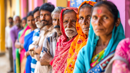 Fototapeta premium diverse Indian voters standing in line with enthusiasm