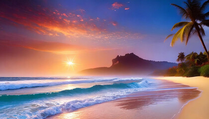 Fototapeta na wymiar Tropical beach from side view at sun set flat art design illustration for postcard