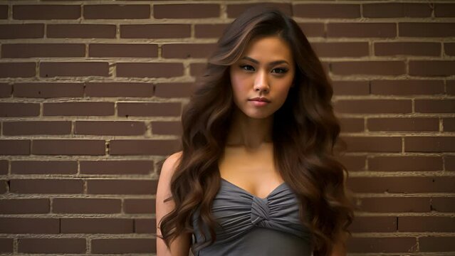 An Asian girl stands bold and beautiful against a brick wall with her hands tucked into her pockets of her dd gray dress. Her billowing hair falls in loose waves and her intense gaze