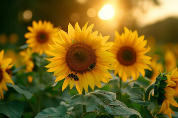 Bees Pollinating Sunflowers in Golden Sunlight