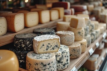 Artisanal cheese selection on display at market
