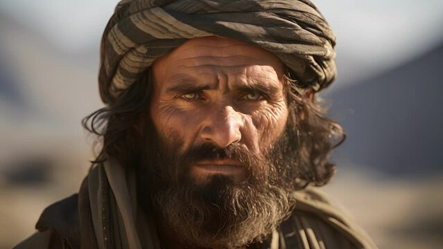A tenderhearted Afghan gentleman, his scruffy beard contrasting his soft eyes. His traditional attire subtly indicates his homeland. His calm demeanor conceals a warrior who fights ceaselessly