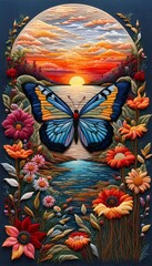 Butterfly Flower and the Sky Embroidery Art 