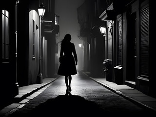 Her silhouette tells a story of caution and fear, heightened by the notion of a potential stalker. AI Generated