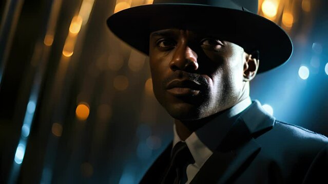 A statuesque Black man in a black suit and hat leaning against a clean white wall with a strong beam of light ting through his midnight