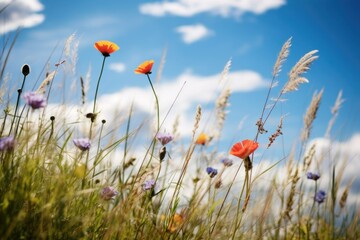 Image of nature, grass, flowers, butterflies on the background of blue sky. Time of year summer. Screensaver, wallpaper.