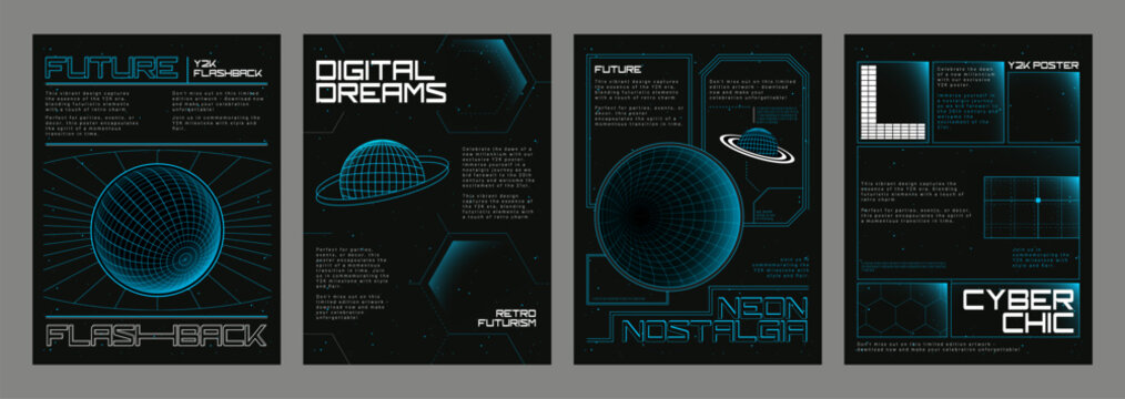 Y2k aesthetic space banners set. Vector realistic illustration of retrowave vibe posters with wireframe globe, geometric border lines on black starry sky background, retro futuristic style flyers