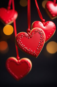 heart cookies hang on laces on a bokeh background. cards for your loved one for Valentine's Day