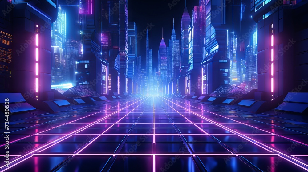 Poster retro-futuristic cyberpunk sci-fi background with neon lights and grids