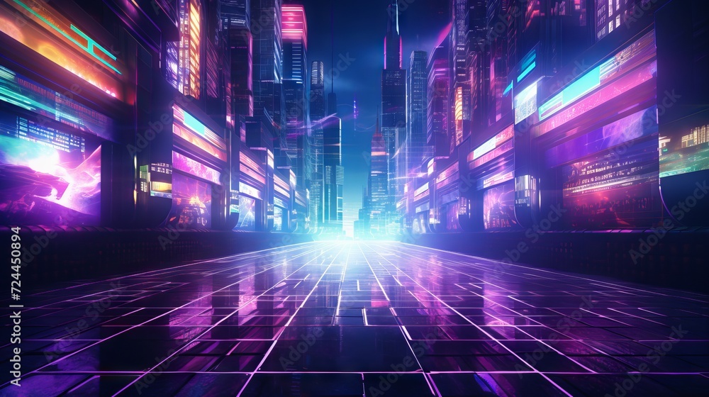 Poster retro-futuristic cyberpunk sci-fi background with neon lights and grids
