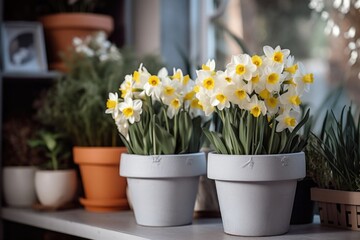 Pots and vases with spring flowers, daffodils in light interior. Spring