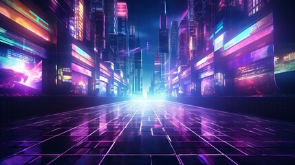 Retro-futuristic cyberpunk sci-fi background with neon lights and grids
