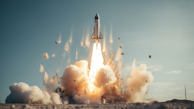 A rocket launching into space with a trail of smoke and fire