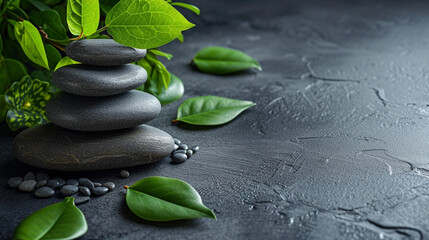 Obraz na płótnie Canvas en basalt stones and green plant on black background, nature concept