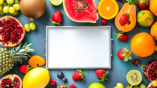 Vibrant background showcasing fruits associated with antioxidants, with a central white board for copy space