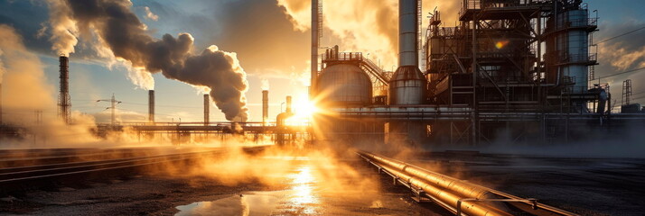 Fototapeta na wymiar industrial power plant with massive turbines and pipelines on a background of steam. Generative AI