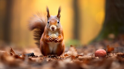 A squirrel holding a nut in its hands among colorful fallen leaves. Autumn wildlife scene in the forest.
