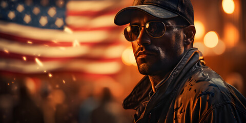 Obraz premium Serviceman with American flag