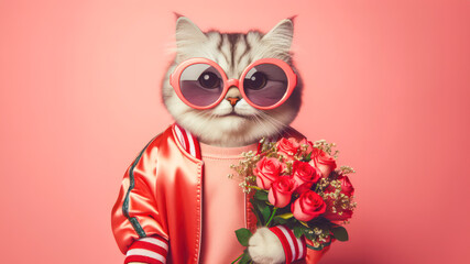 Obraz premium Cute funny cat holding with bouquet of roses in Valentines day concept.
