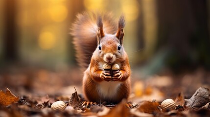A squirrel holding a nut in its hands among colorful fallen leaves. Autumn wildlife scene in the forest.