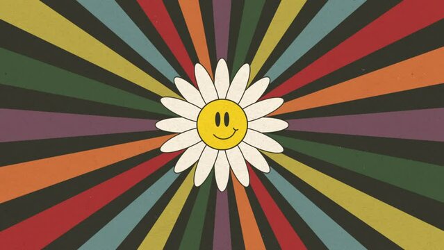 Looped retro dark colorful background with smiley chamomile flower, pop art, grainy texture, 4k animation cartoon footage