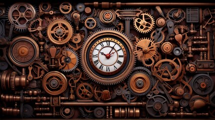 A retro-futuristic vision of a steampunk society with industrial elements and horology