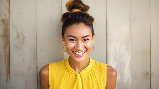 An Asian woman stands confidently before an audience her hair pulled back in a messy bun and a proud smile on her face. Her bright yellow dress set against a stonegray wall and floor