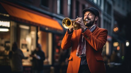 Street musician in a hat playing a trumpet in a evening