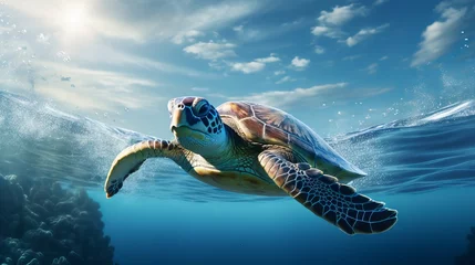 Foto auf Leinwand A turtle swimming in the clear blue ocean with coral reefs and fish in the background © Ameer