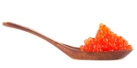 Salmon red caviar in wooden spoon isolated on a white background. Raw seafood, delicious red caviar.