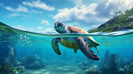 A turtle swimming in the clear blue ocean with coral reefs and fish in the background