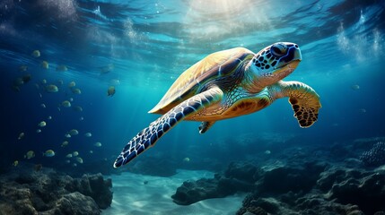 Obraz premium A turtle swimming in the clear blue ocean with coral reefs and fish in the background