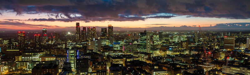 Panoramic image of Manchester skyline at dusk